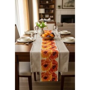 Crate & Barrel Poppy Embroidered Table Runner Orange Yellow Floral 14x60in